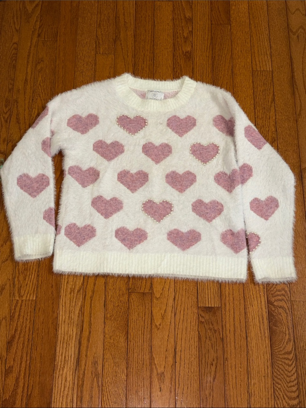Absolutely Creative Worldwide White Fuzzy Crewneck Sweater with Pink Heart Motif